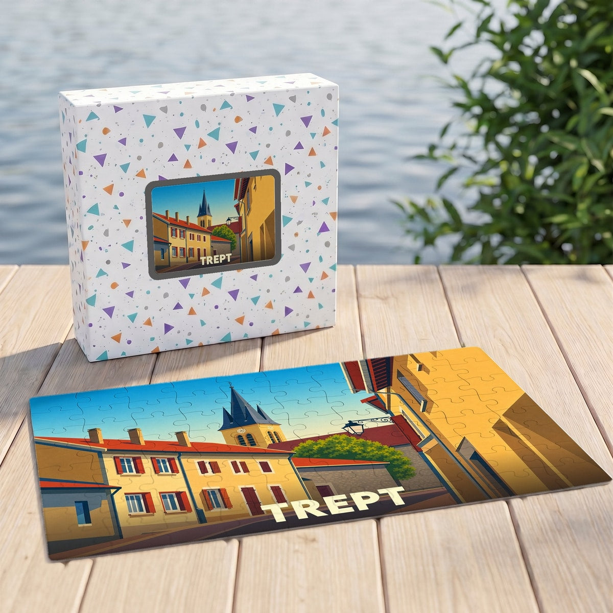 Puzzle souvenir de la ville de Trept avec une illustration stylisée.