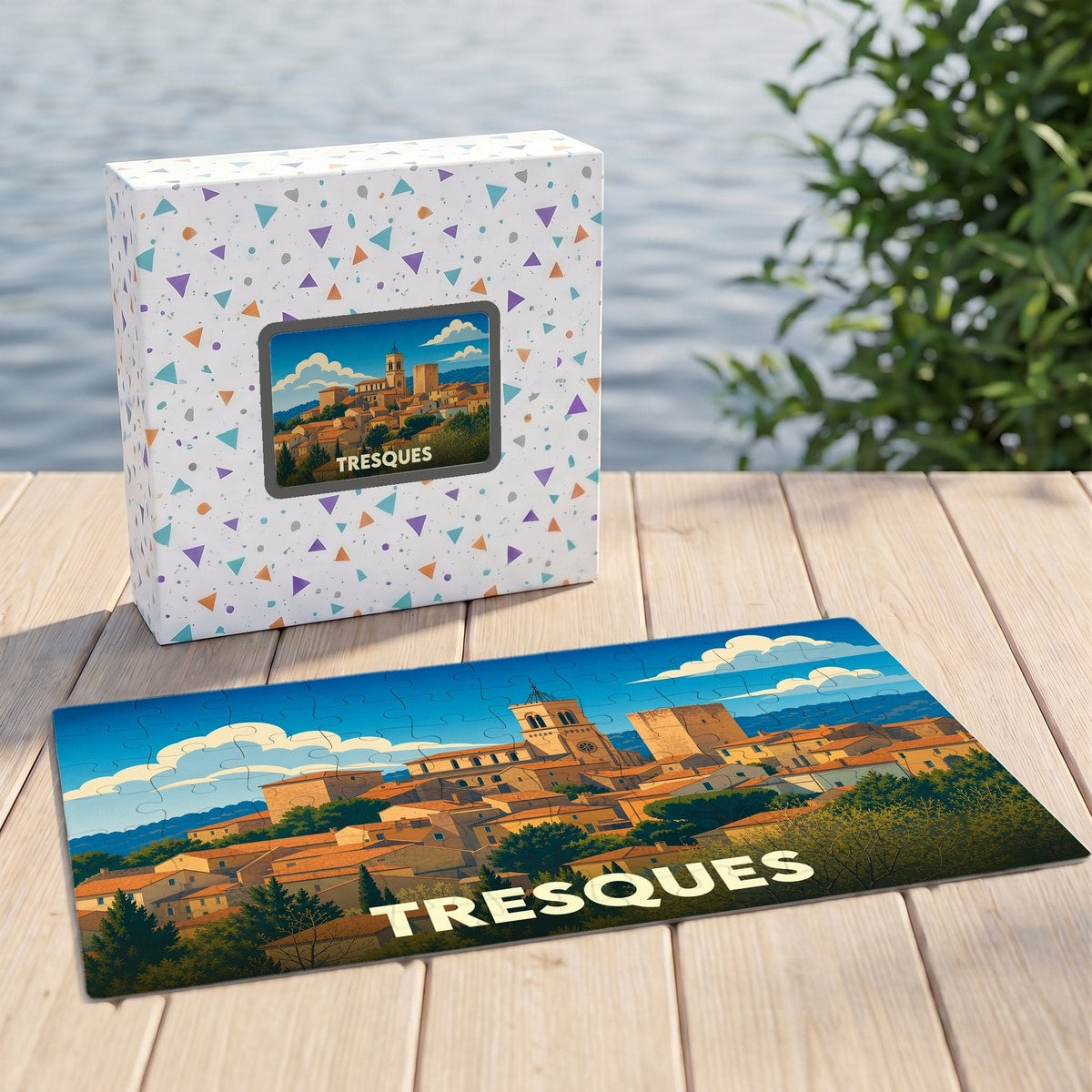 Puzzle souvenir de la ville de Tresques avec une illustration panoramique stylisée.