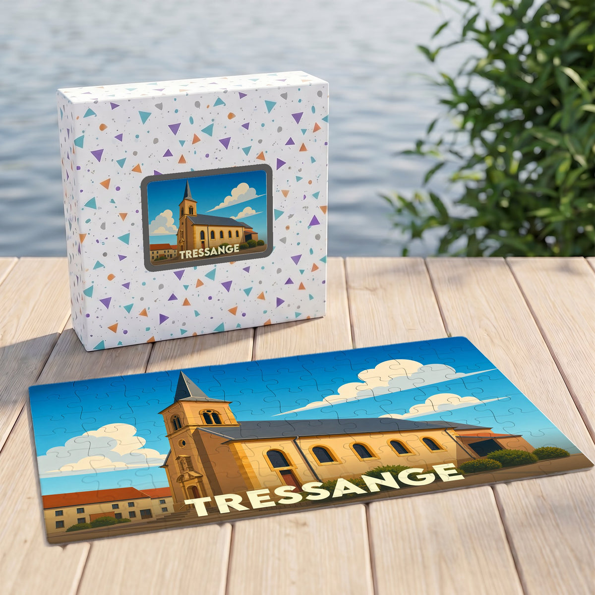 Puzzle souvenir de la ville de Tressange avec une illustration stylisée d'une église sous un ciel bleu.