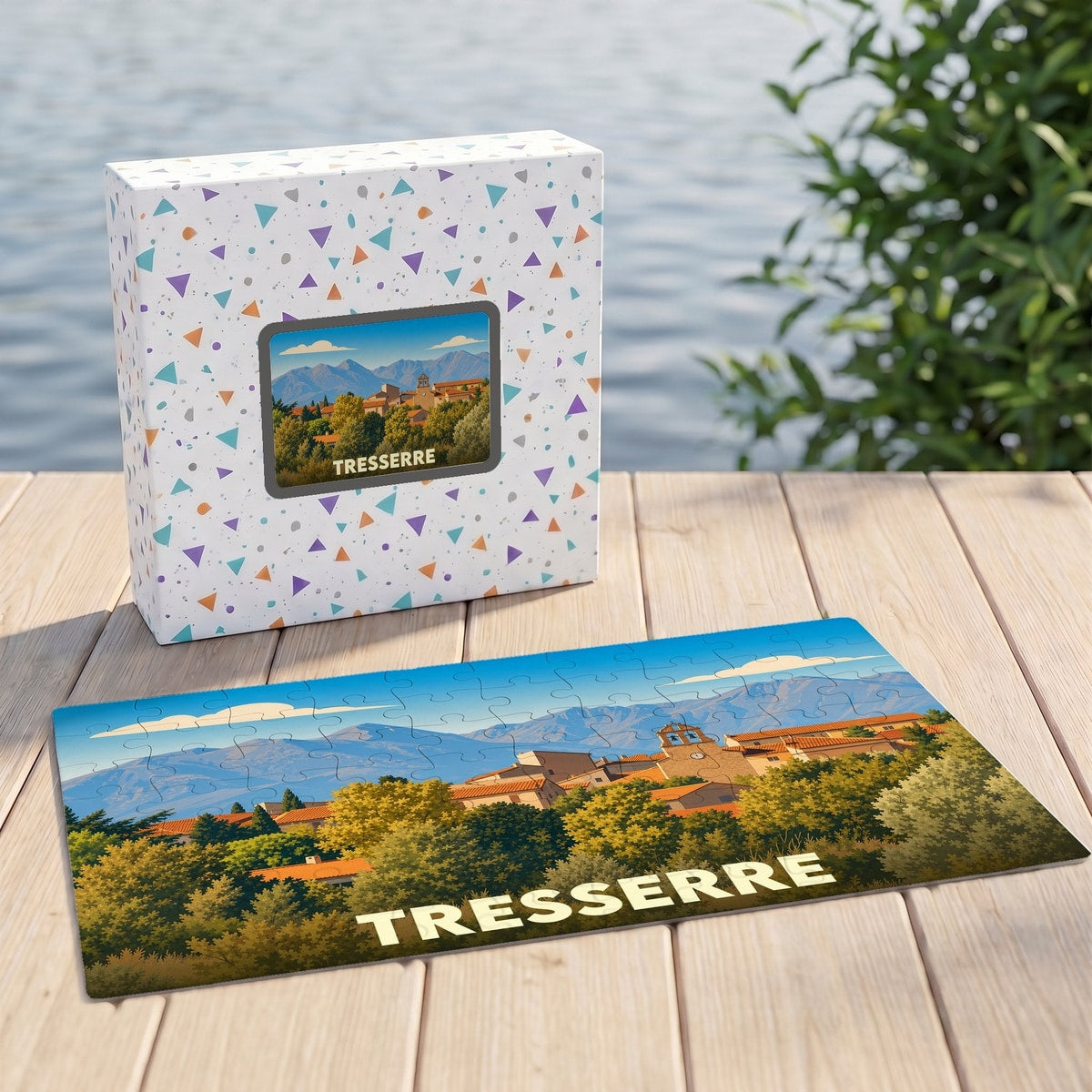 Puzzle souvenir de la ville de Tresserre avec une illustration stylisée d'un paysage montagneux.