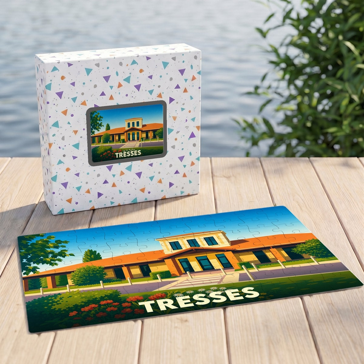 Puzzle souvenir de la ville de Tresses avec une illustration stylisée d'un bâtiment emblématique.