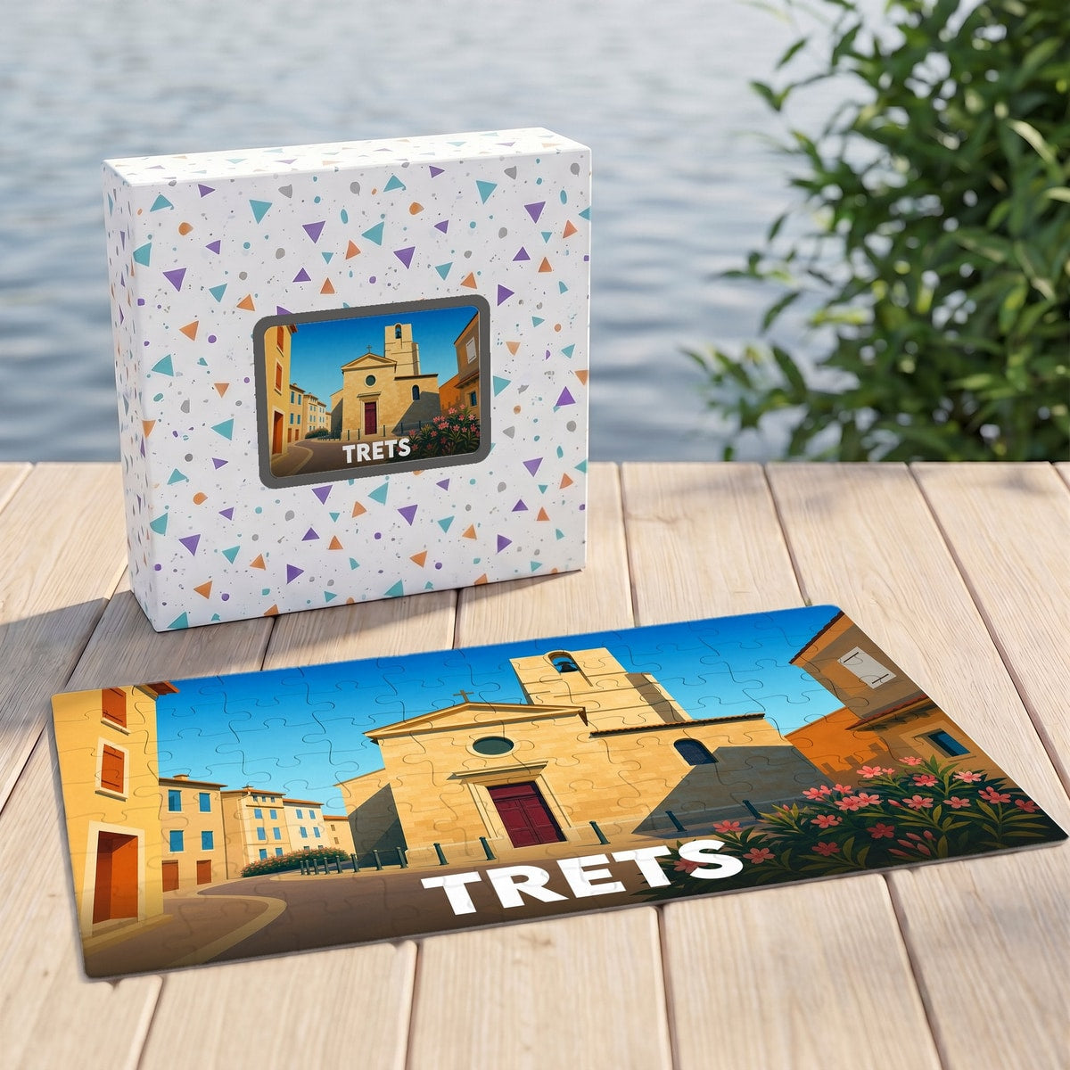 Puzzle souvenir de la ville de Trets avec une illustration stylisée d'une église provençale.