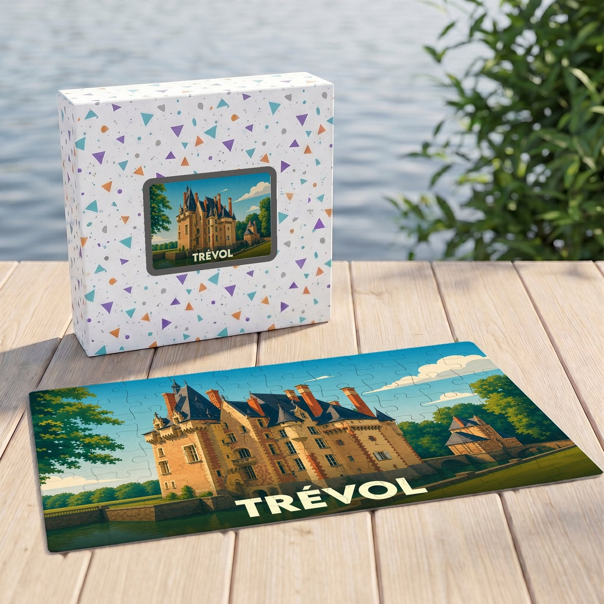 Puzzle souvenir de la ville de Trévol avec une illustration stylisée représentant son château.