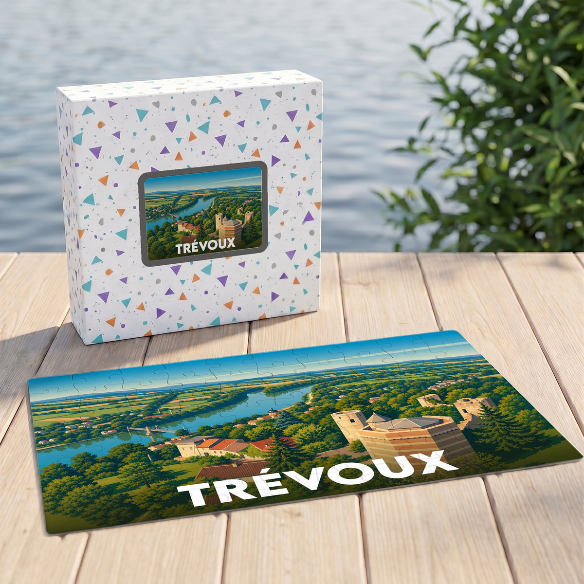 Puzzle souvenir de la ville de Trévoux avec une illustration stylisée et sa boîte assortie.