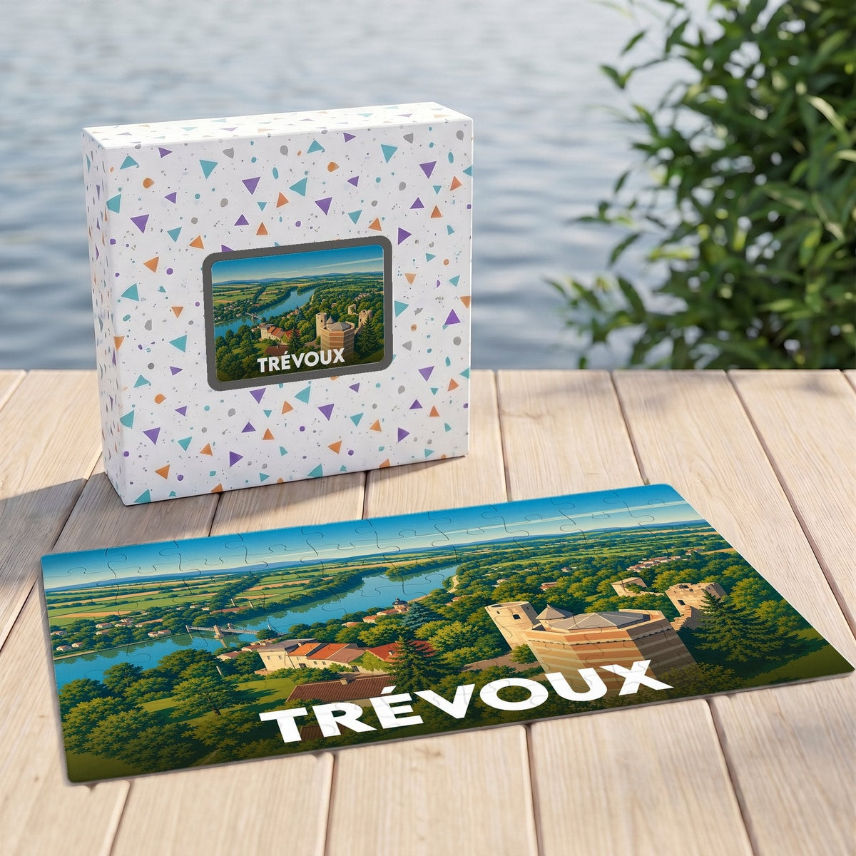 Puzzle souvenir de la ville de Trévoux avec une illustration stylisée et sa boîte assortie.