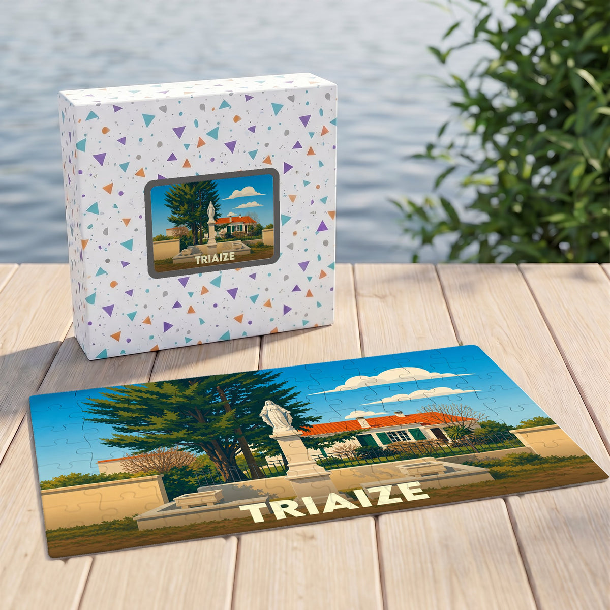 Puzzle souvenir de la ville de Triaize avec une illustration stylisée d'un monument local.