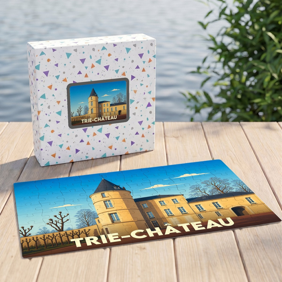 Puzzle souvenir de la ville de Trie-Château avec une illustration stylisée du château local.