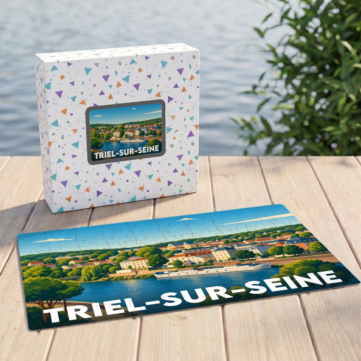Puzzle souvenir de la ville de Triel-sur-Seine avec une illustration stylisée des bords de Seine.