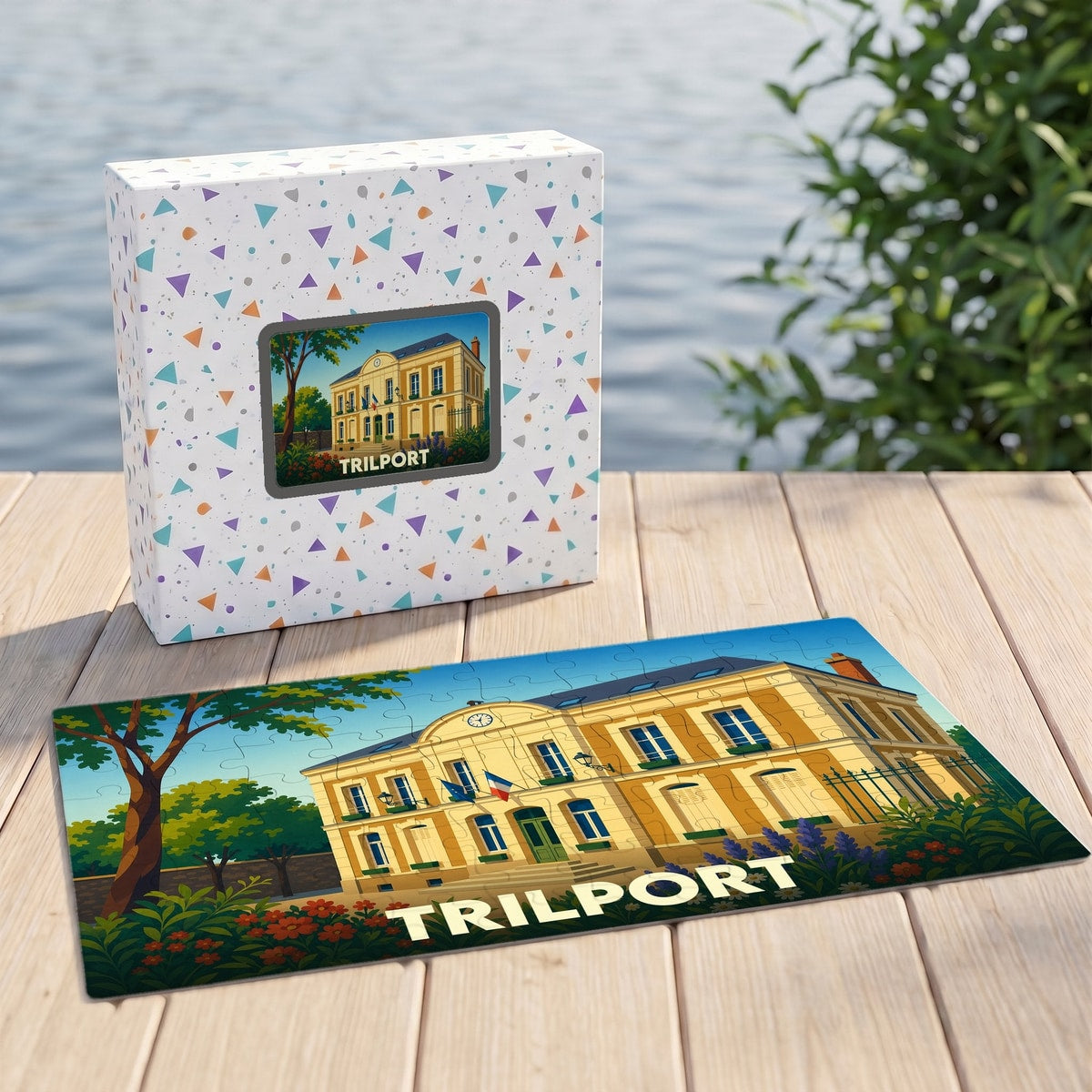 Puzzle souvenir de la ville de Trilport illustrant l'hôtel de ville dans un style graphique épuré.