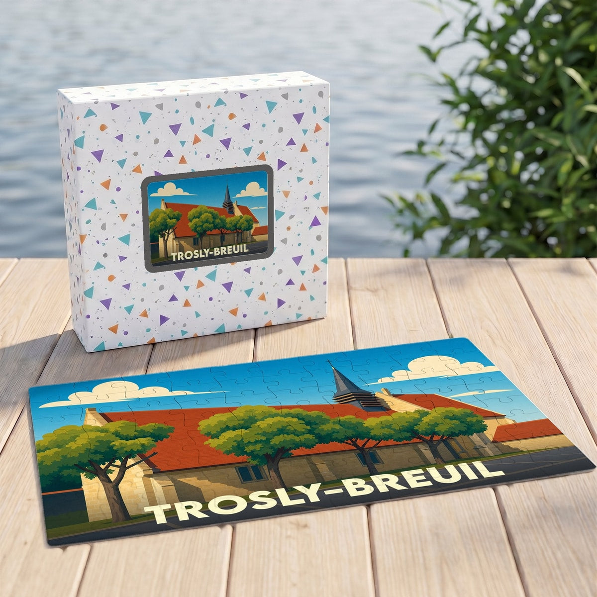 Puzzle souvenir de la ville de Trosly-Breuil avec une illustration stylisée et colorée de son église.