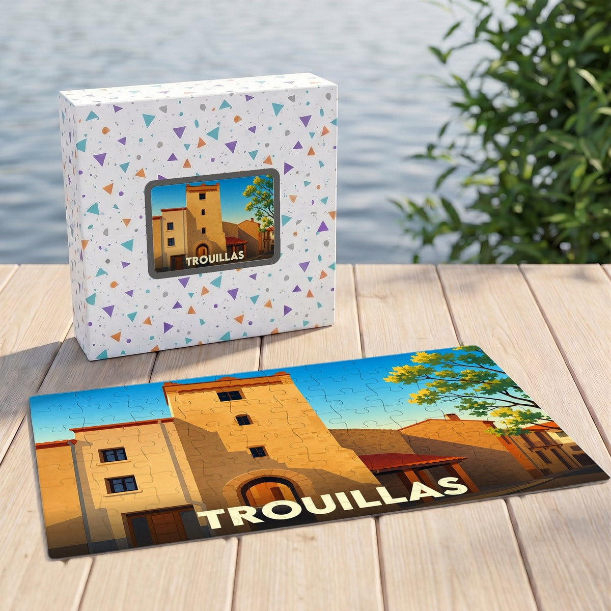 Puzzle souvenir de la ville de Trouillas présentant une illustration stylisée de son architecture locale.