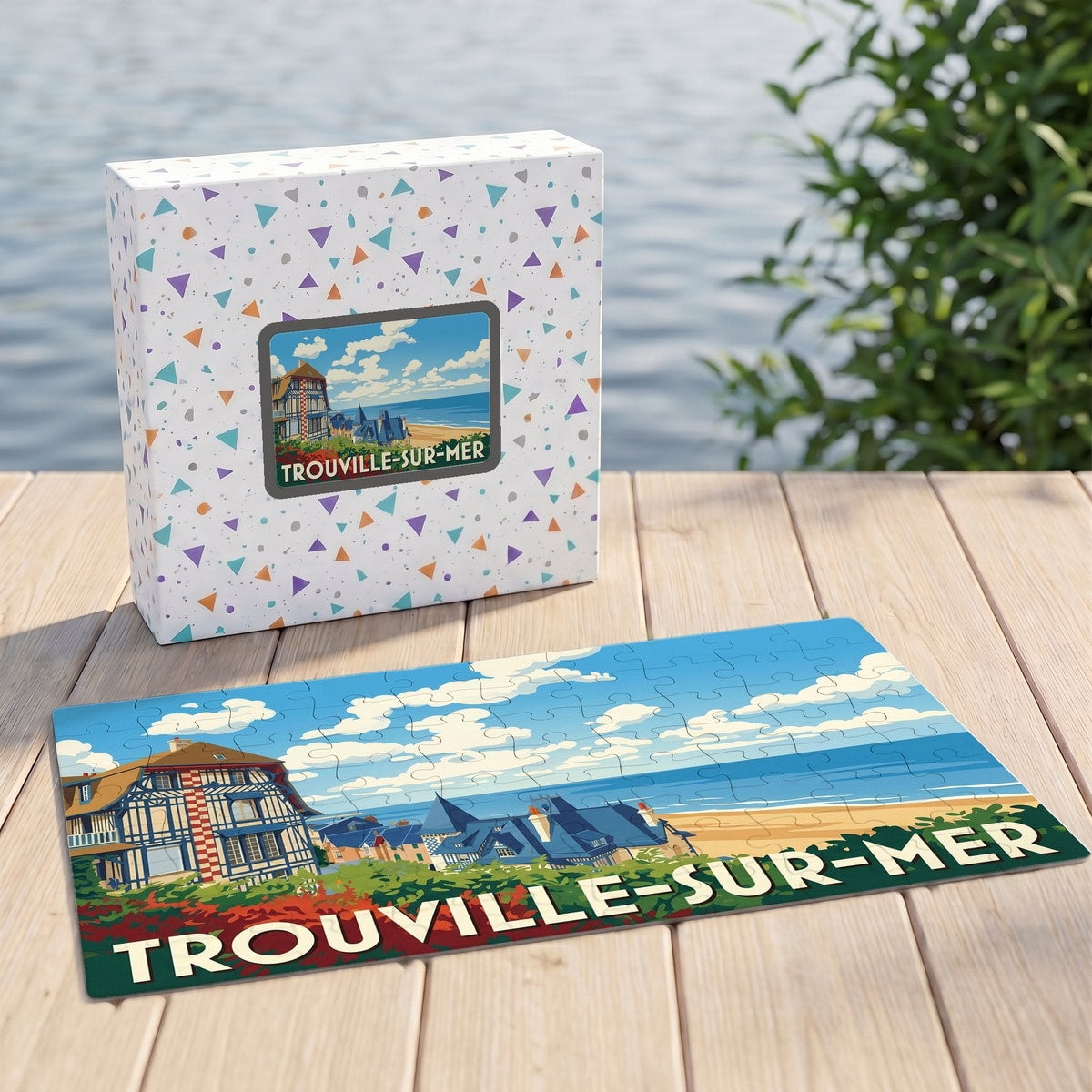 Puzzle souvenir de la ville de Trouville-sur-Mer avec une illustration stylisée de son front de mer.