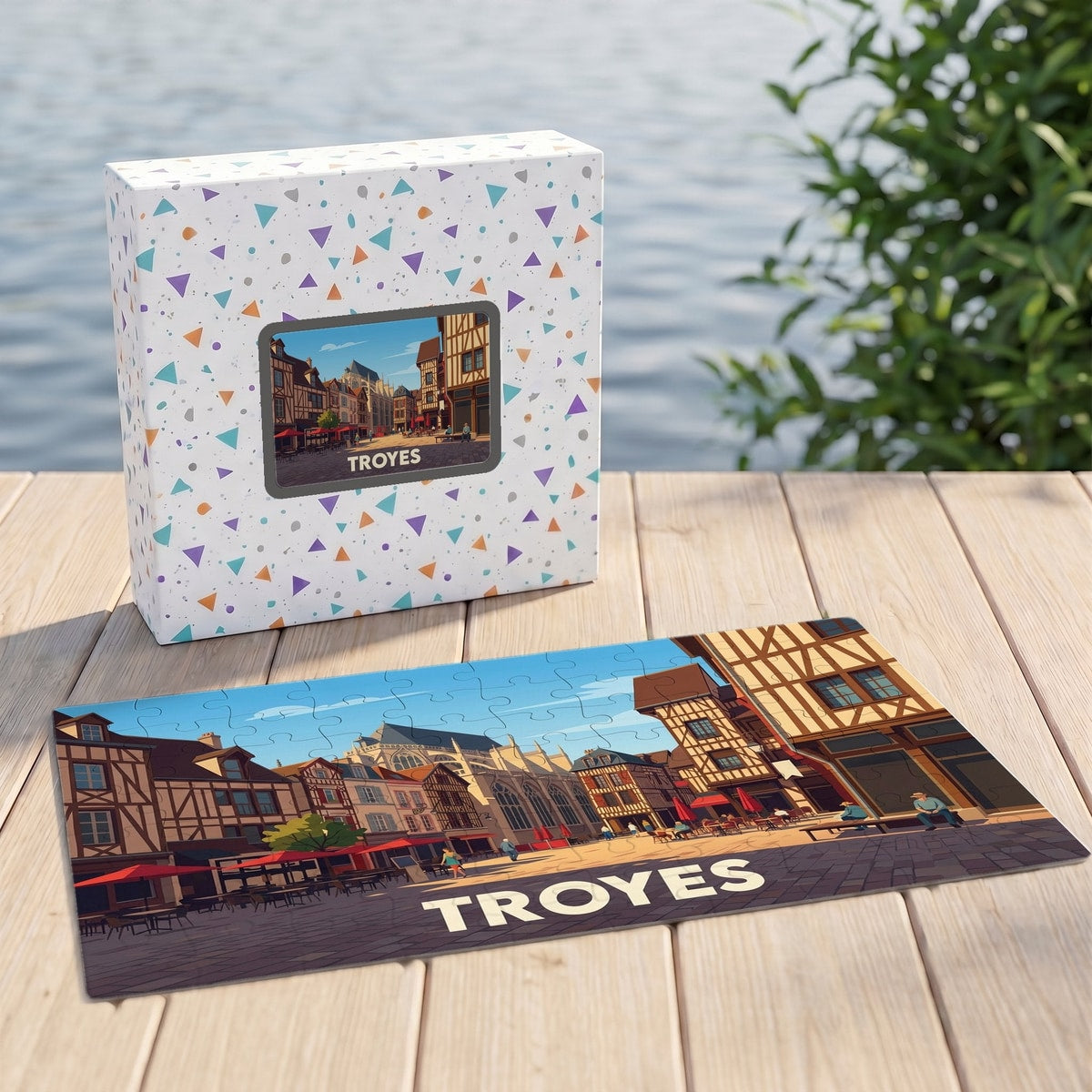 Puzzle souvenir de la ville de Troyes illustré d'une scène urbaine historique et colorée.
