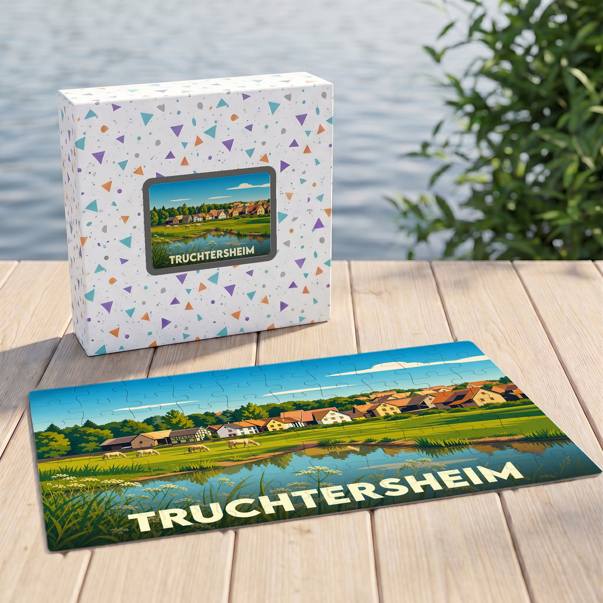 Puzzle souvenir de la ville de Truchtersheim avec une illustration stylisée de son paysage champêtre.