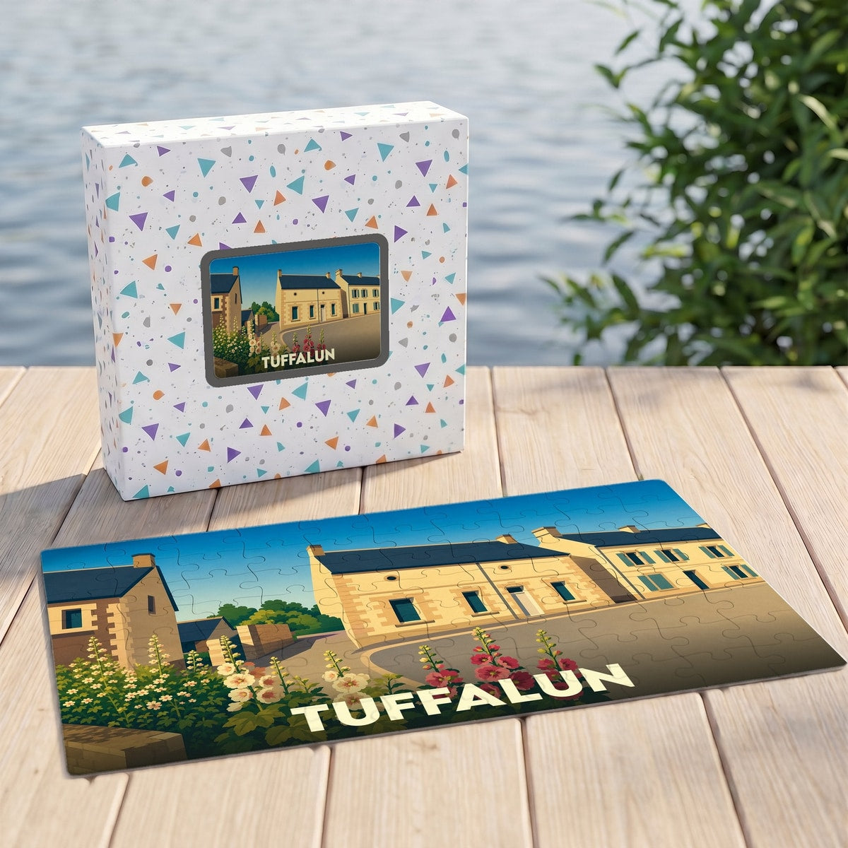 Puzzle souvenir de la ville de Tuffalun avec une illustration stylisée d'un paysage urbain.