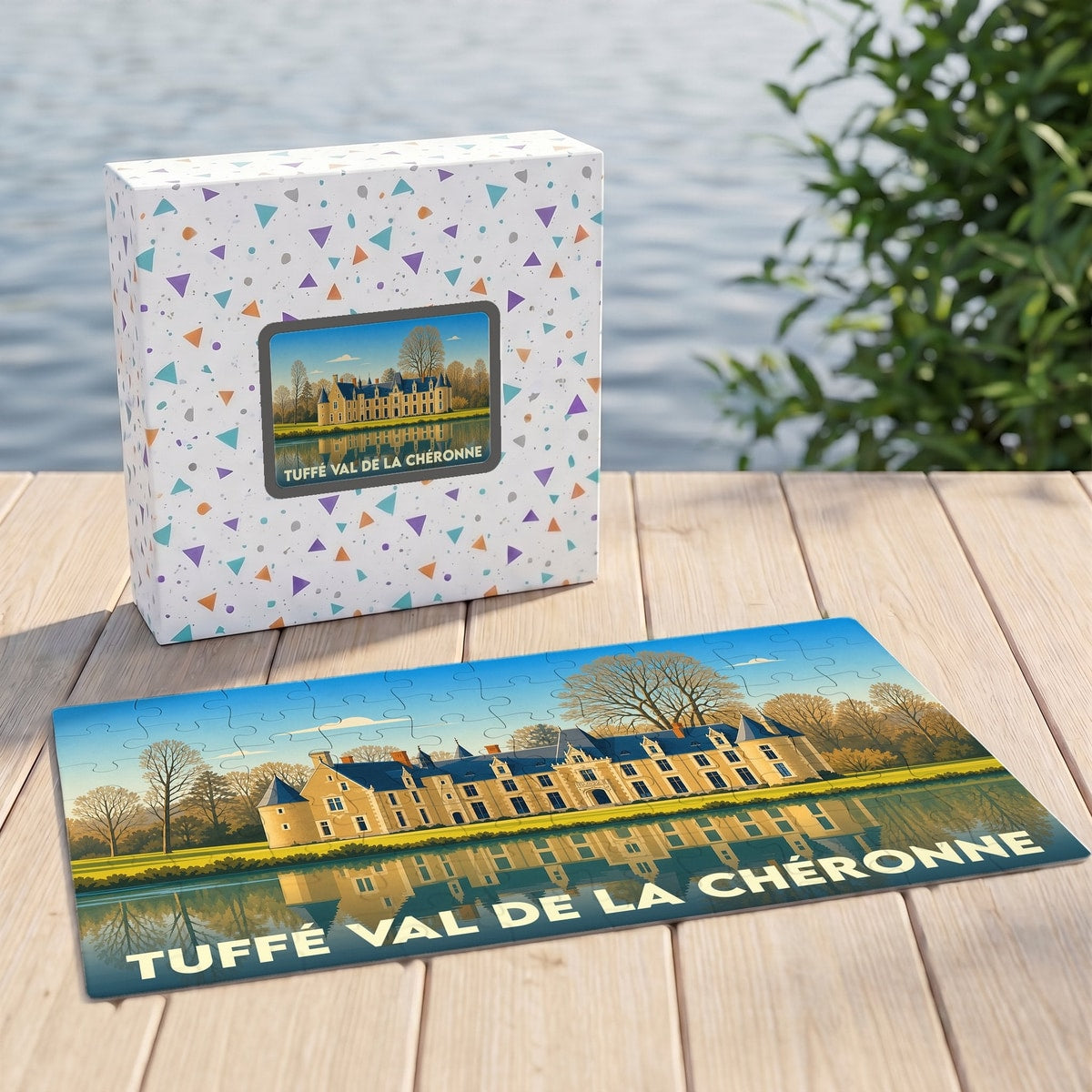 Puzzle souvenir de la ville de Tuffé Val de la Chéronne avec une illustration stylisée d'un château se reflétant sur l'eau.