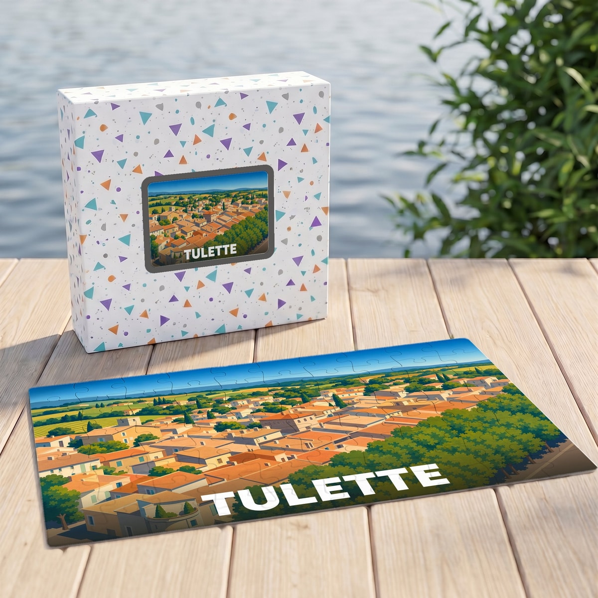 Puzzle souvenir de la ville de Tulette avec une illustration panoramique stylisée.