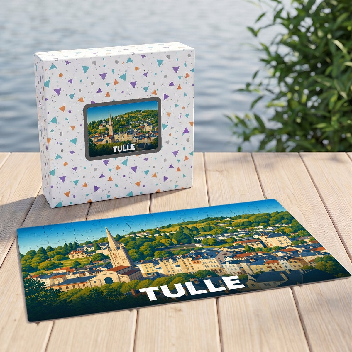 Puzzle souvenir de la ville de Tulle avec une illustration panoramique stylisée.