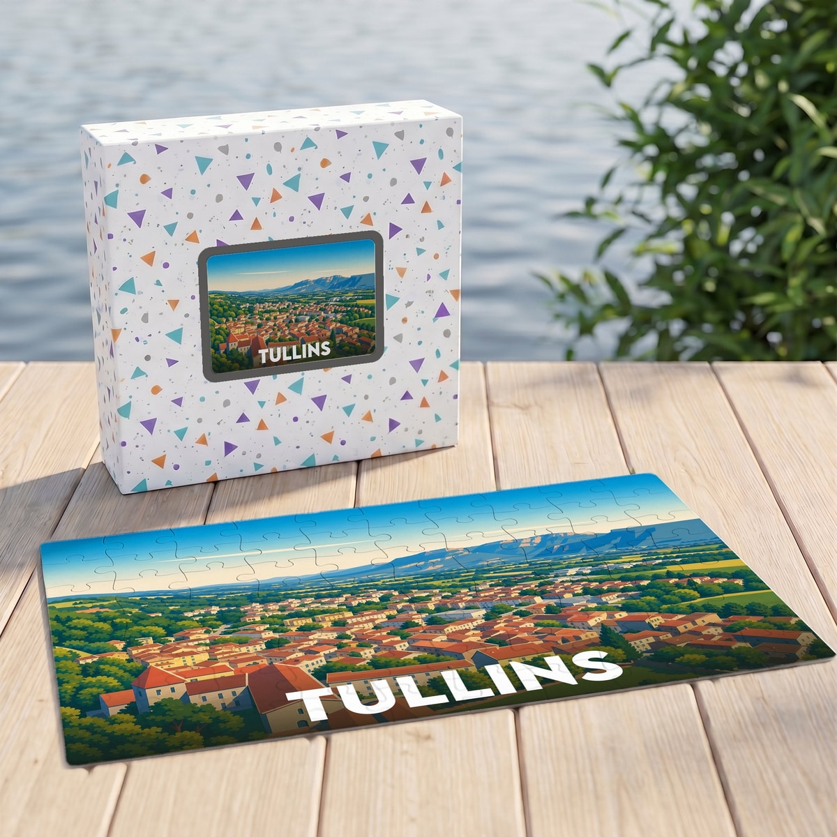Puzzle souvenir de la ville de Tullins avec une illustration stylisée de son paysage urbain et montagneux.