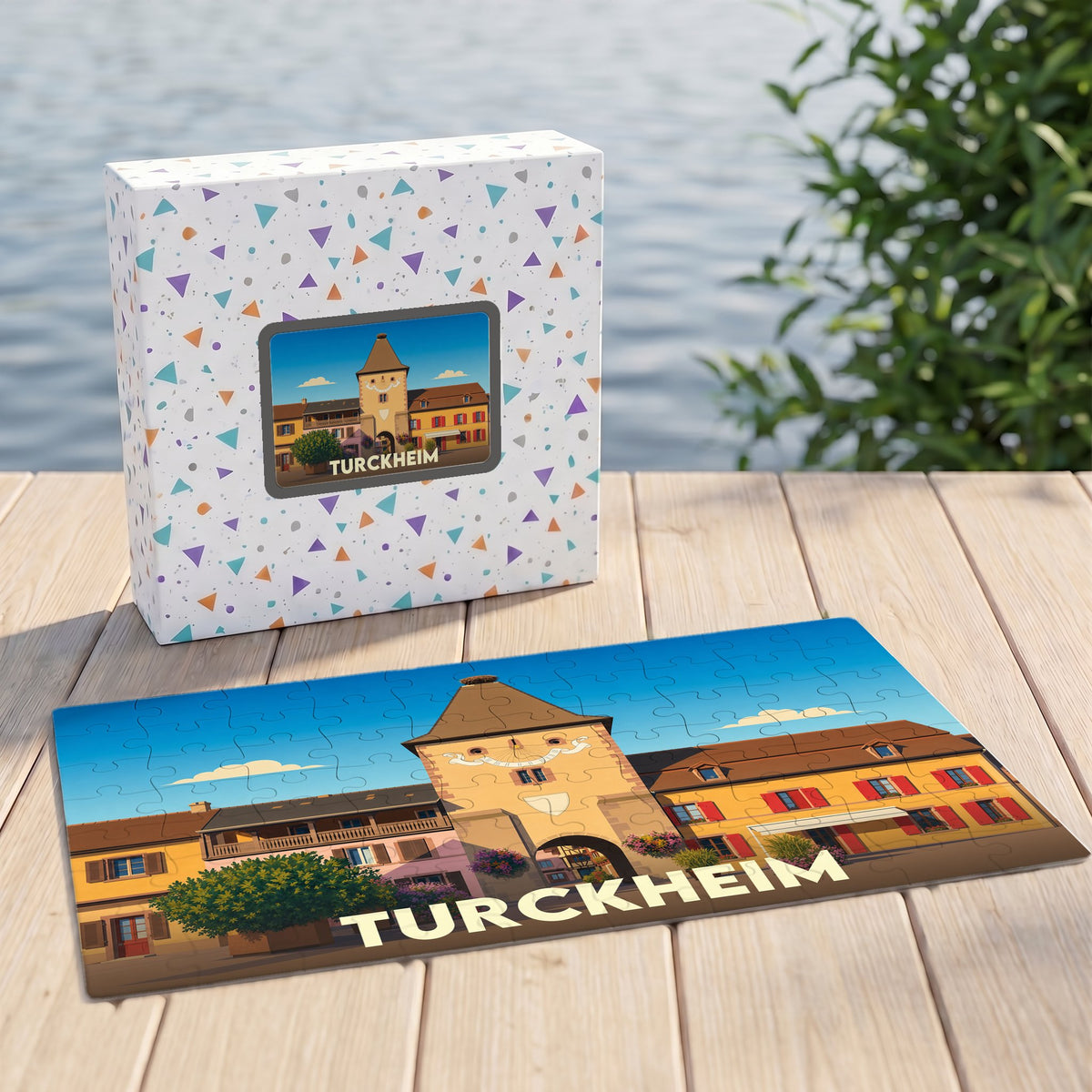 Puzzle souvenir de la ville de Turckheim avec une illustration colorée de ses bâtiments historiques.