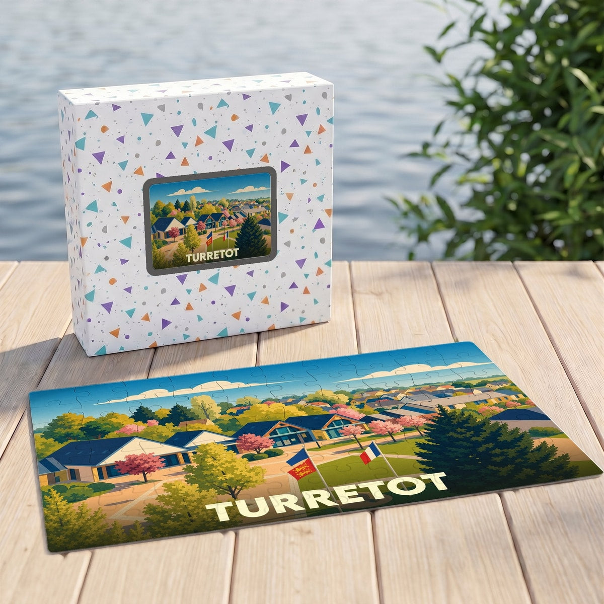 Puzzle souvenir de la ville de Turretot avec une illustration stylisée et colorée.