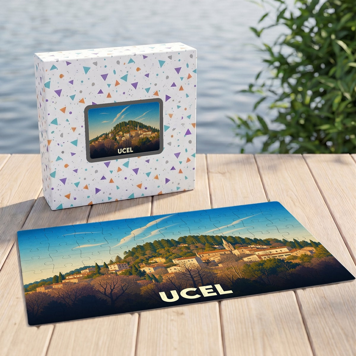 Puzzle souvenir de la ville d'Ucel avec une illustration stylisée d'un village perché.