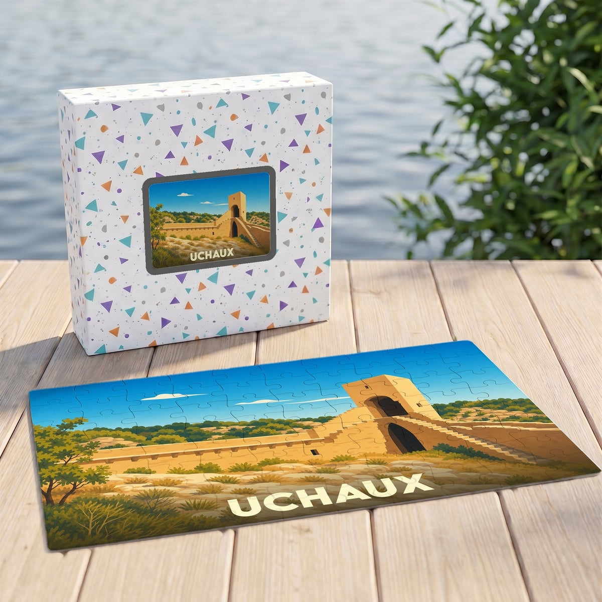 Puzzle souvenir de la ville d'Uchaux avec une illustration stylisée d'un monument historique sur fond de paysage ensoleillé.