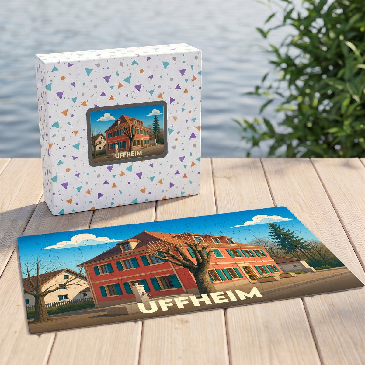 Puzzle souvenir de la ville d'Uffheim avec une illustration stylisée et colorée de ses bâtiments.