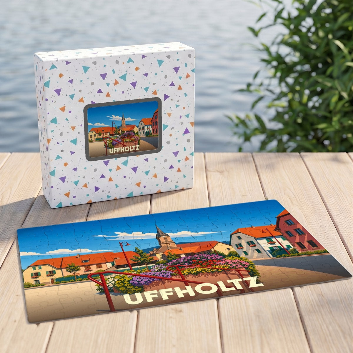 Puzzle souvenir de la ville d'Uffholtz représentant une vue stylisée et colorée du village.