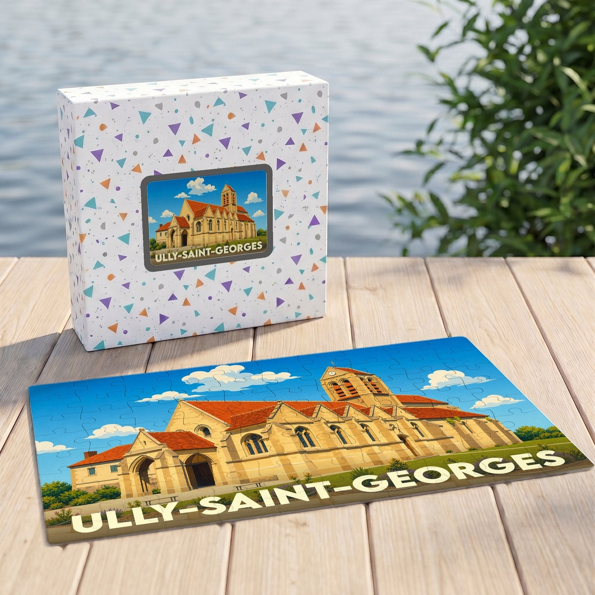 Puzzle souvenir de la ville d'Ully-Saint-Georges avec une illustration stylisée de son église.