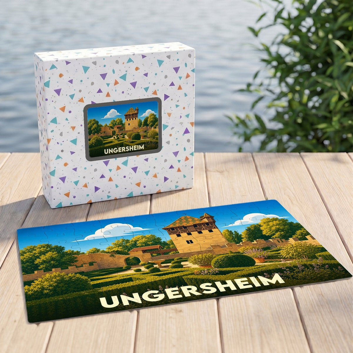 Puzzle souvenir de la ville de Ungersheim avec une illustration stylisée d'un château et de ses jardins.