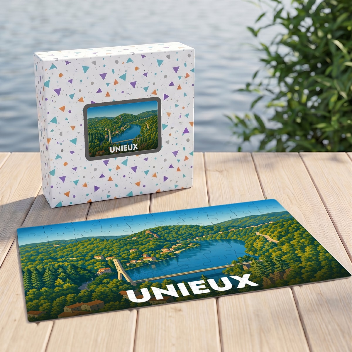 Puzzle souvenir de la ville de Unieux avec une illustration de paysage panoramique.