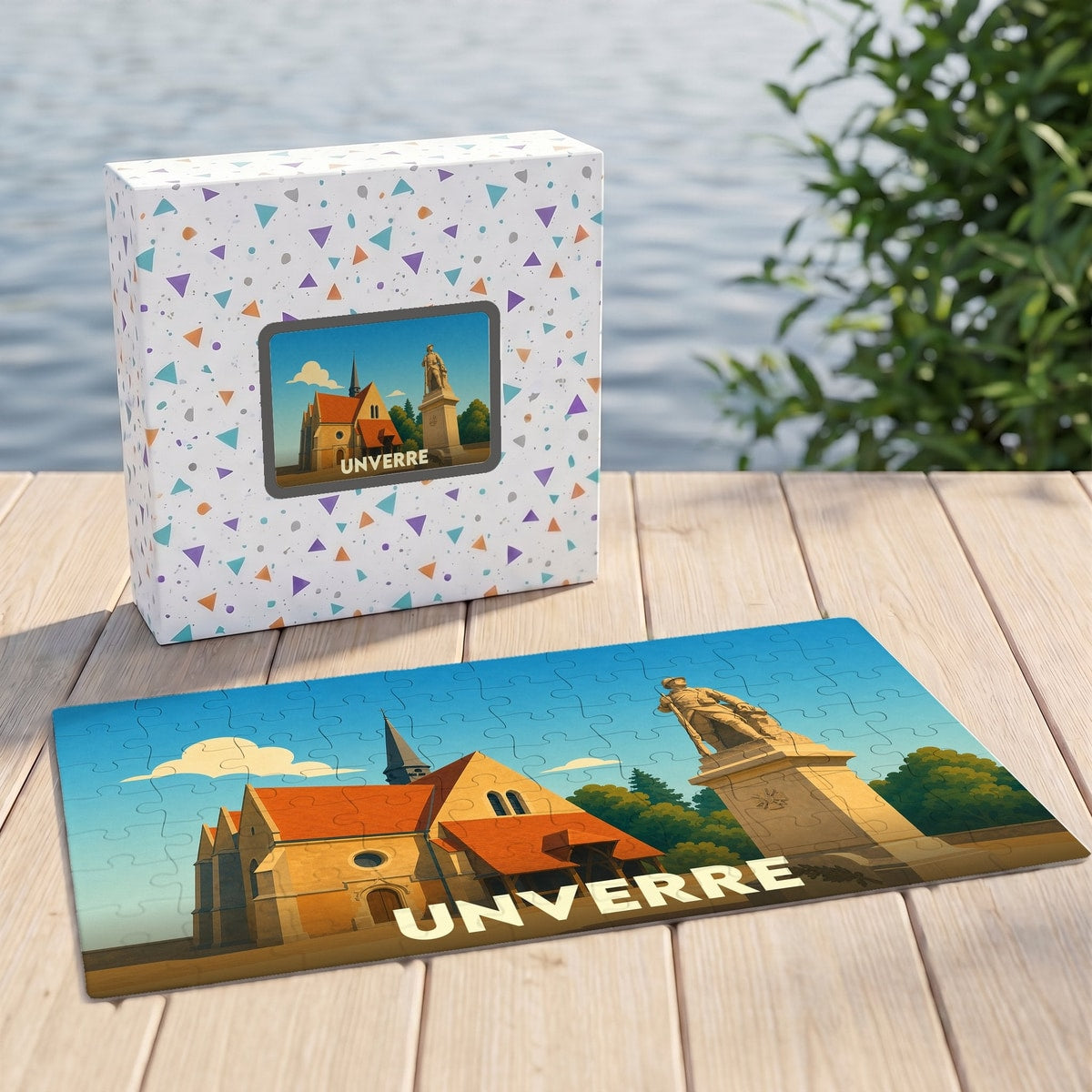 Puzzle souvenir de la ville d'Unverre avec une illustration stylisée d'une église et d'une statue.