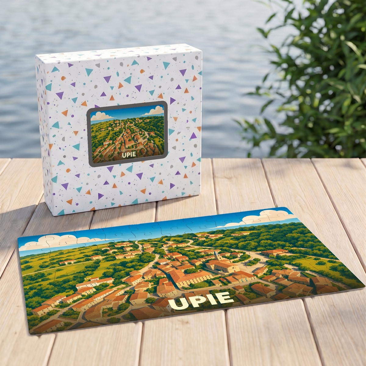 Puzzle souvenir de la ville d'Upie avec une illustration stylisée vue du ciel.