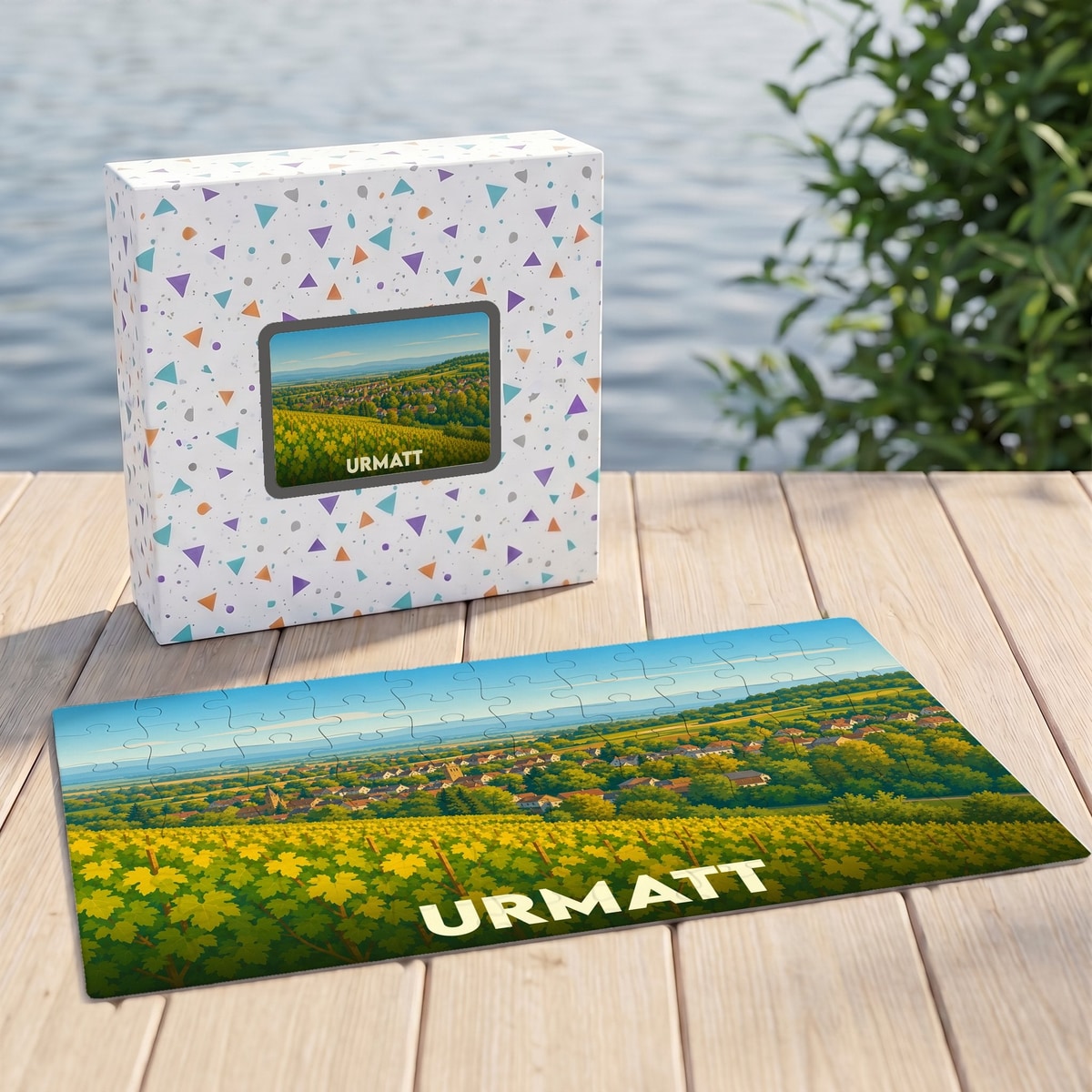 Puzzle souvenir de la ville d'Urmatt représentant un paysage de vignobles illustré.