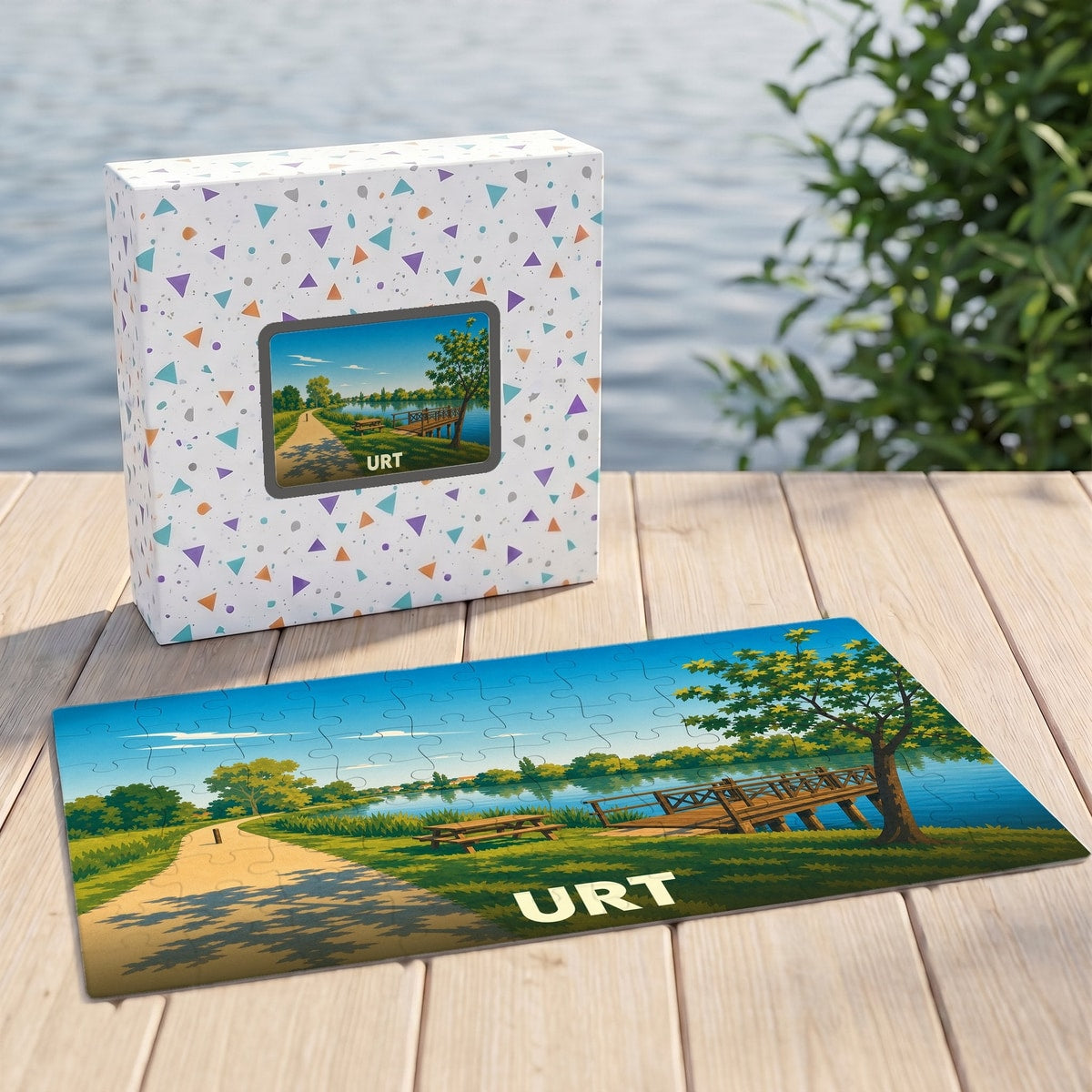 Puzzle souvenir de la ville d'Urt illustrant un paysage de bord d'eau avec un ponton.