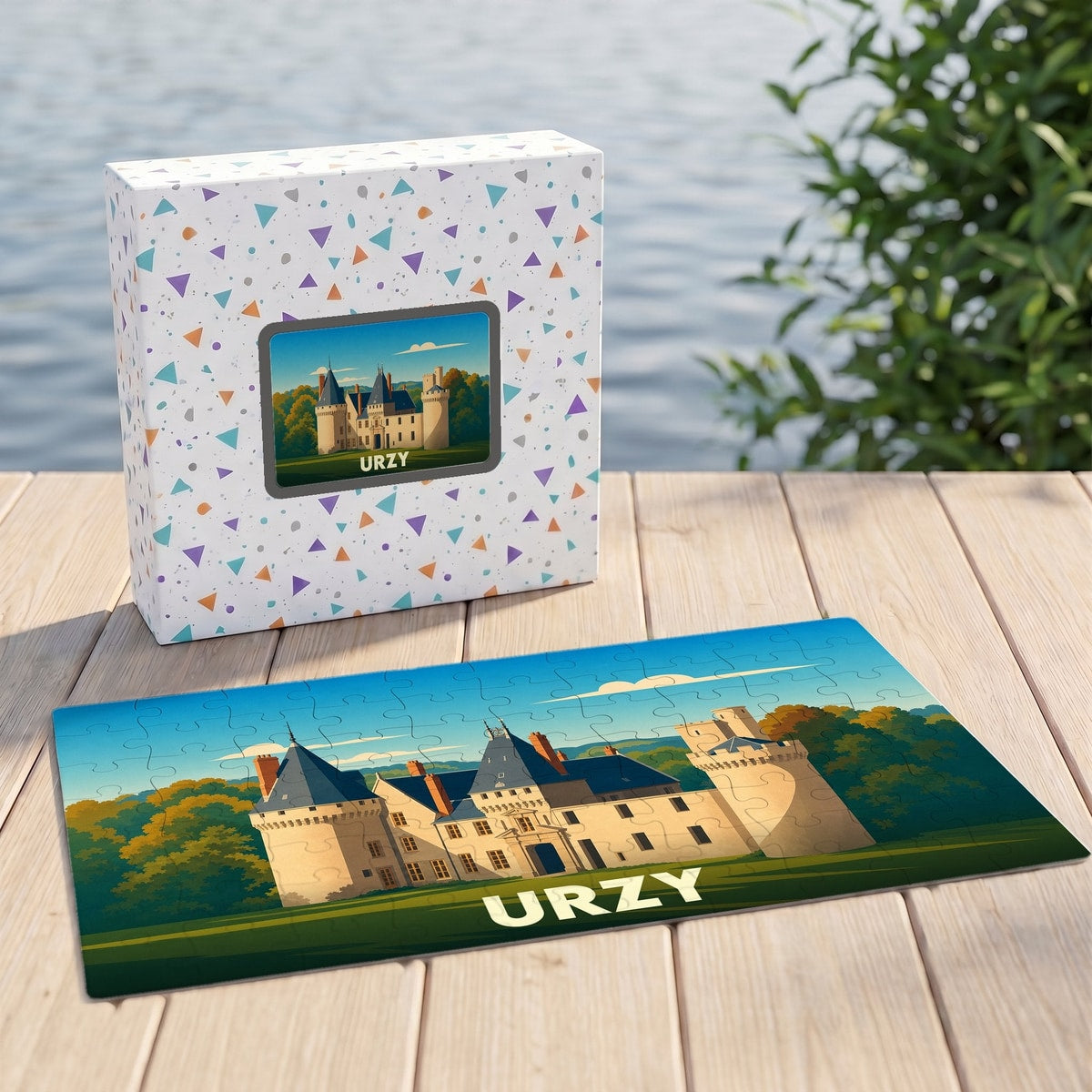 Puzzle souvenir de la ville d'Urzy représentant son château avec une illustration stylisée.