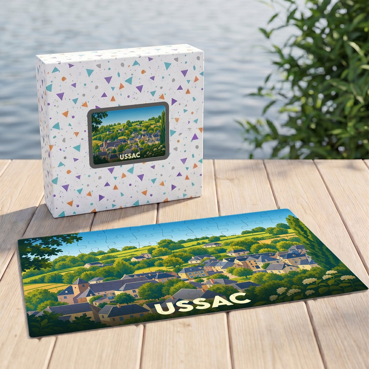 Puzzle souvenir de la ville d'Ussac avec une illustration stylisée de son paysage vallonné.