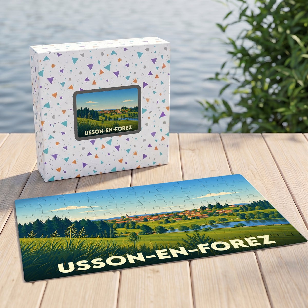 Puzzle souvenir de la ville d'Usson-en-Forez avec une illustration stylisée de son paysage champêtre.