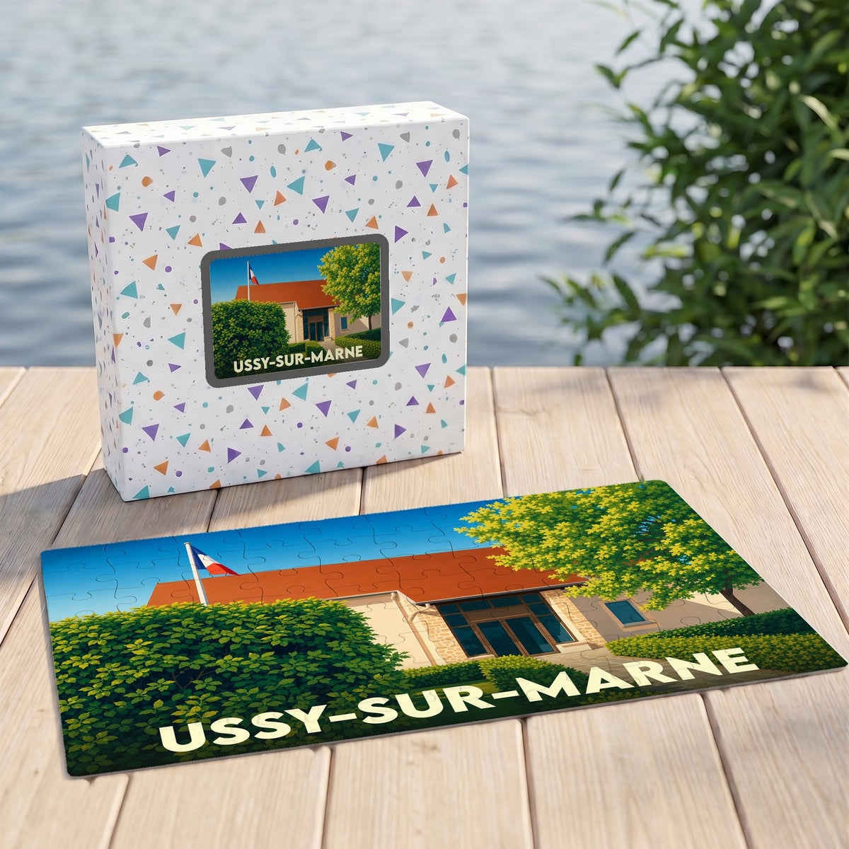 Puzzle souvenir de la ville d'Ussy-sur-Marne avec une illustration stylisée de sa mairie.