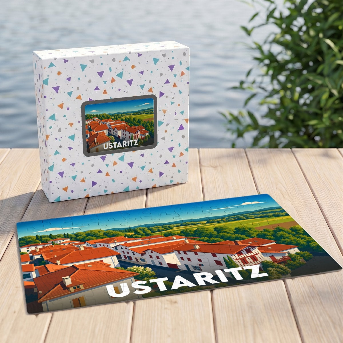 Puzzle souvenir de la ville d'Ustaritz avec une illustration stylisée et colorée de ses toits rouges.