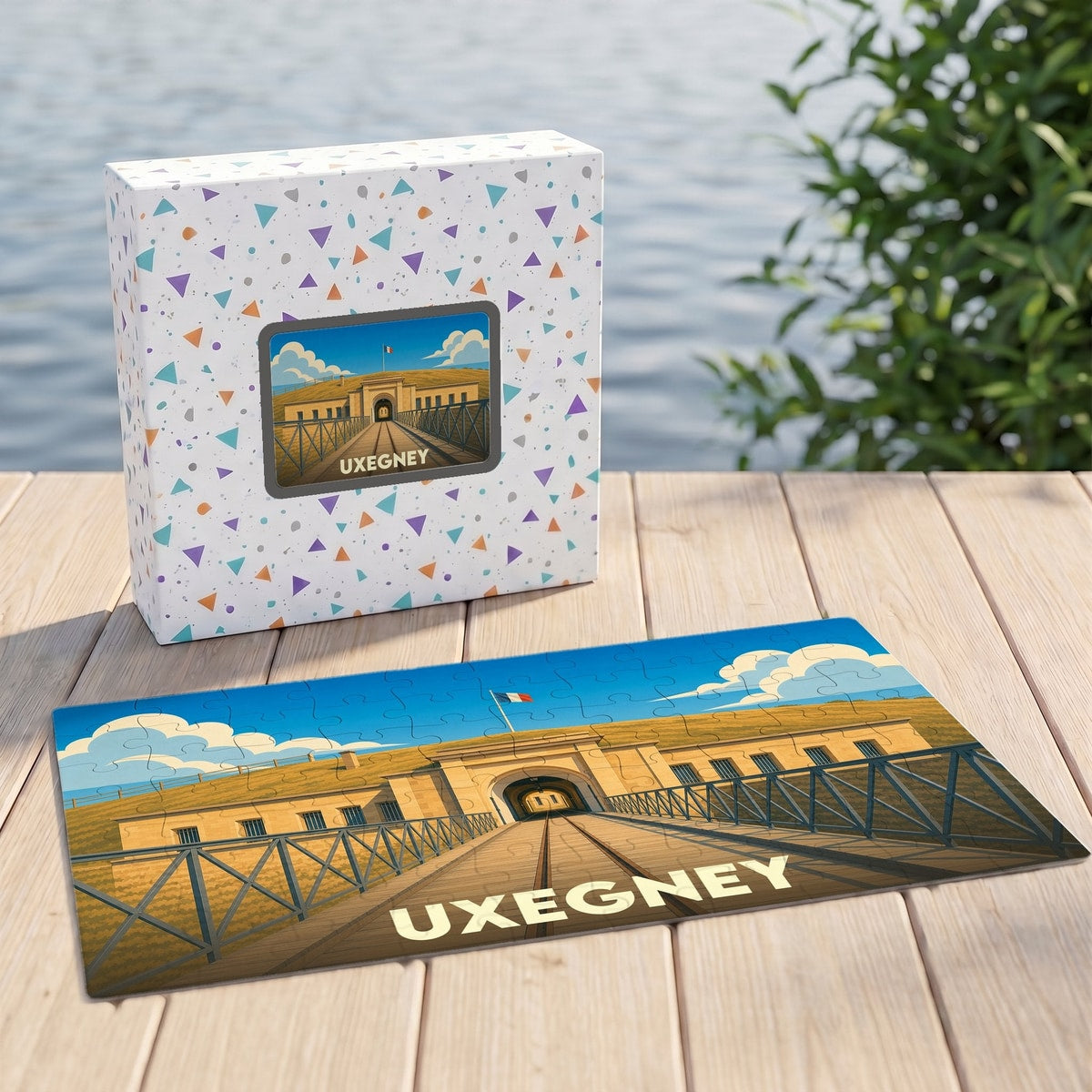 Puzzle souvenir de la ville d'Uxegney illustrant son fort historique dans un style graphique épuré.