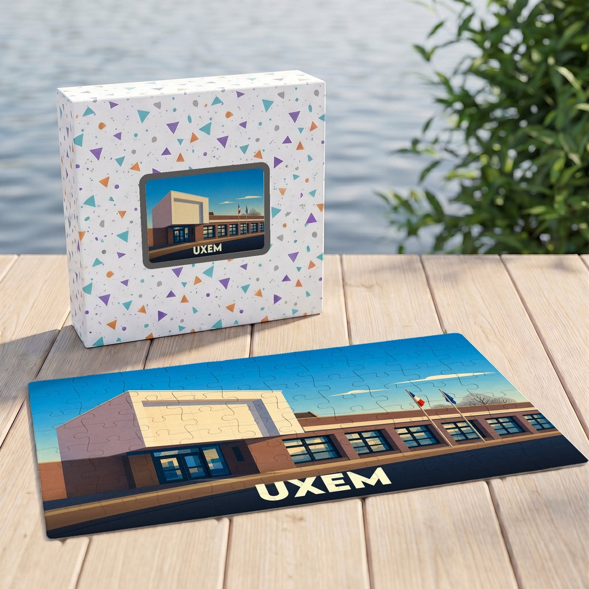 Puzzle souvenir de la ville d'Uxem avec une illustration stylisée de sa mairie.