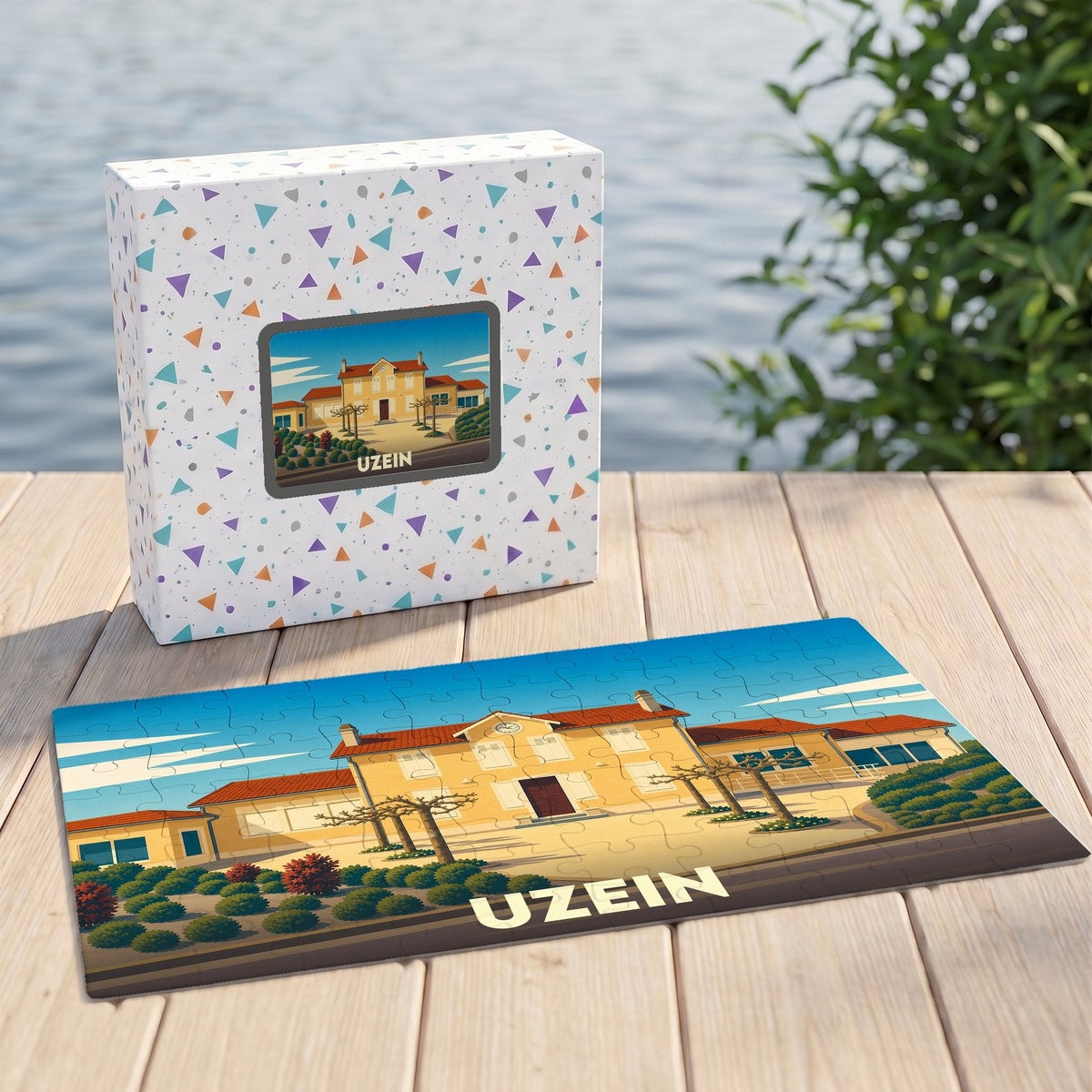 Puzzle souvenir de la ville d'Uzein illustrant un bâtiment communal dans un style graphique épuré.