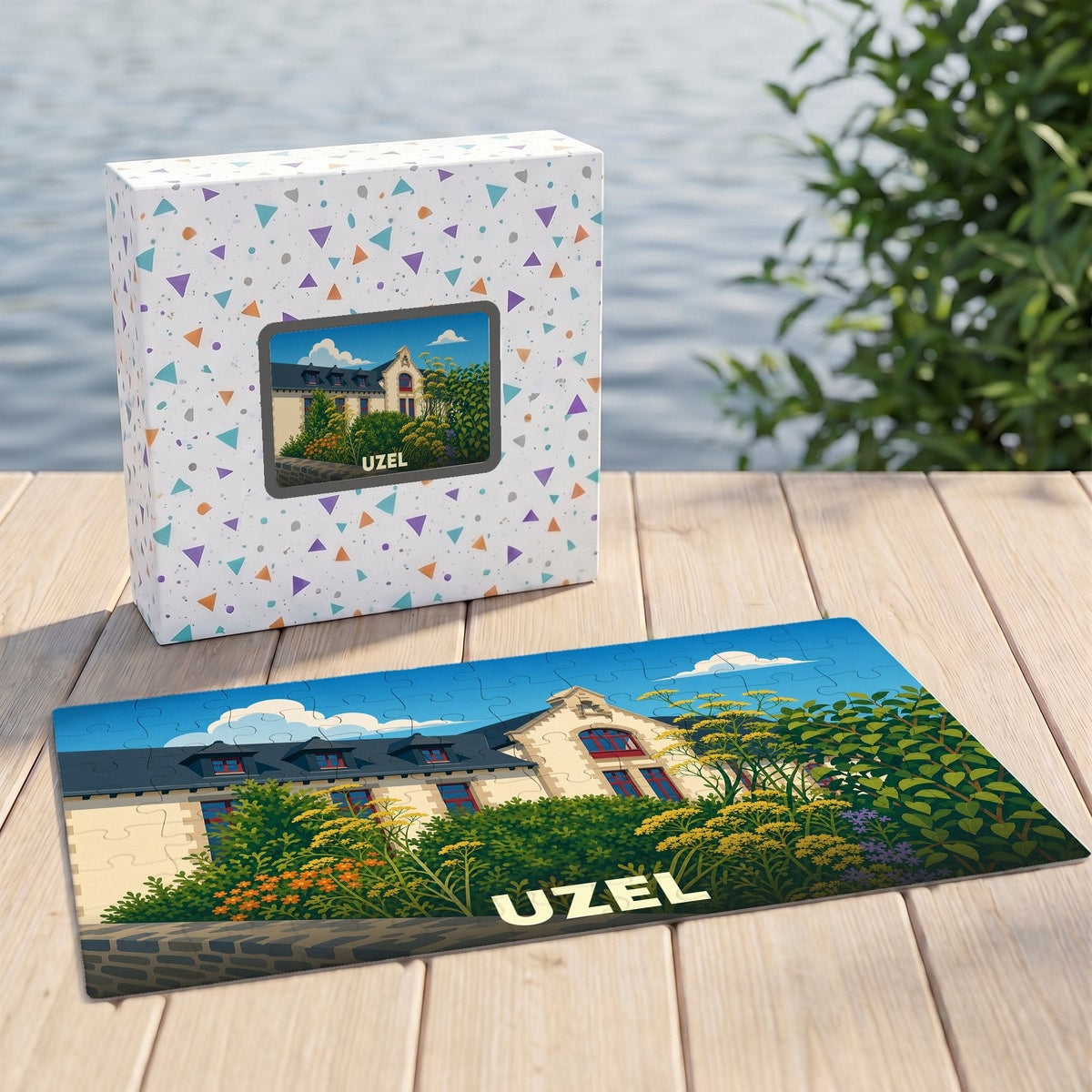 Puzzle souvenir de la ville d'Uzel avec une illustration colorée représentant un bâtiment historique fleuri.