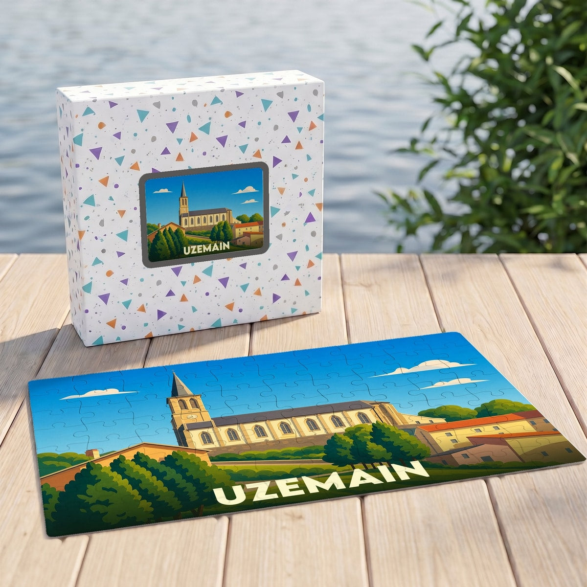 Puzzle souvenir de la ville d'Uzemain avec une illustration stylisée d'une église sous un ciel bleu.