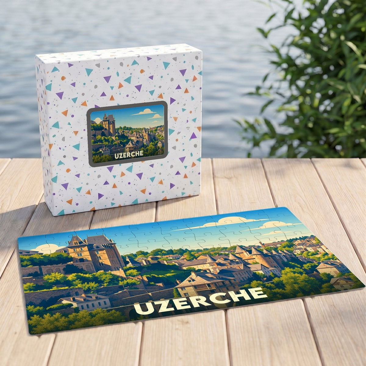 Puzzle souvenir de la ville d'Uzerche avec une illustration stylisée d'un paysage urbain historique.
