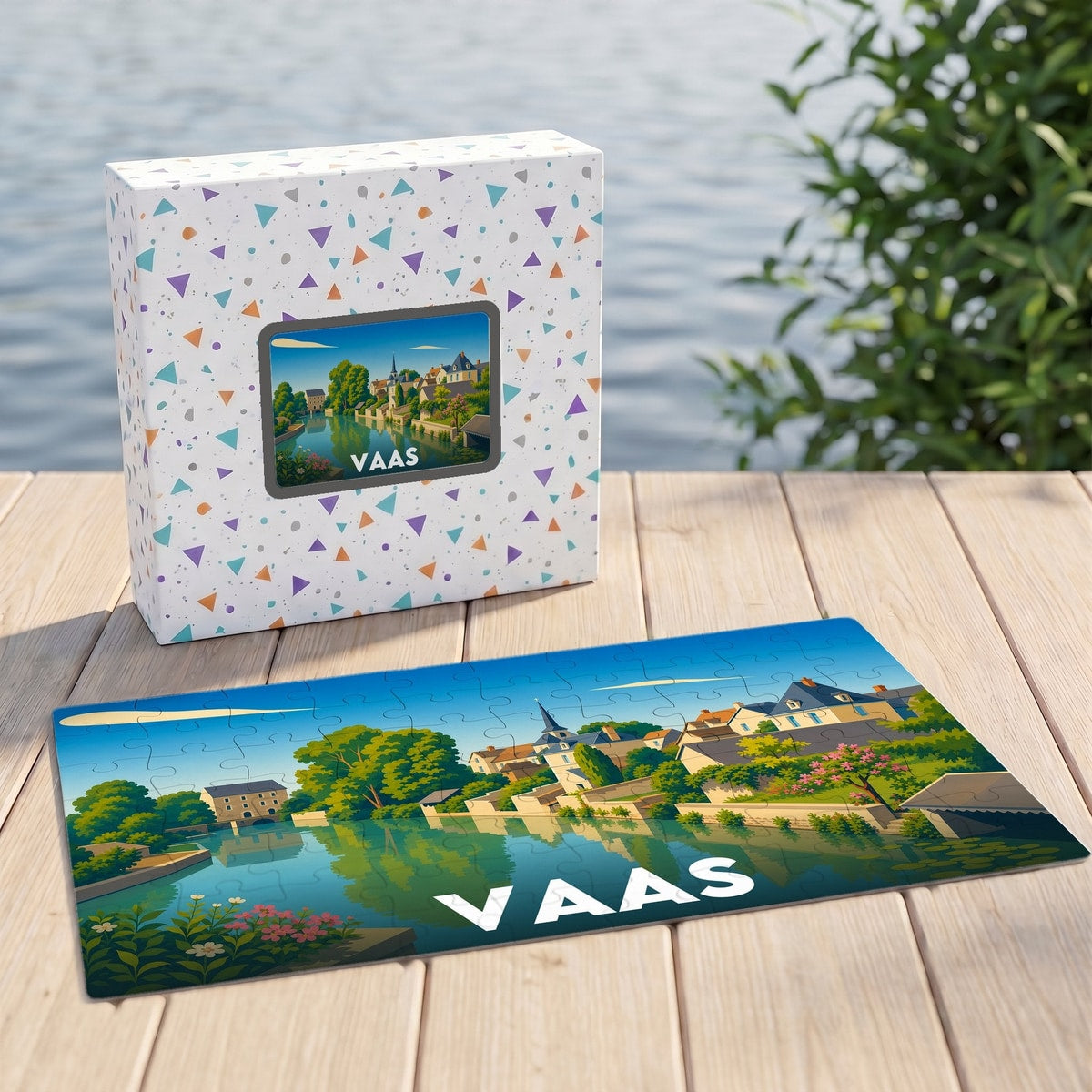 Puzzle souvenir de la ville de Vaas illustrant un paysage paisible en bord de rivière.