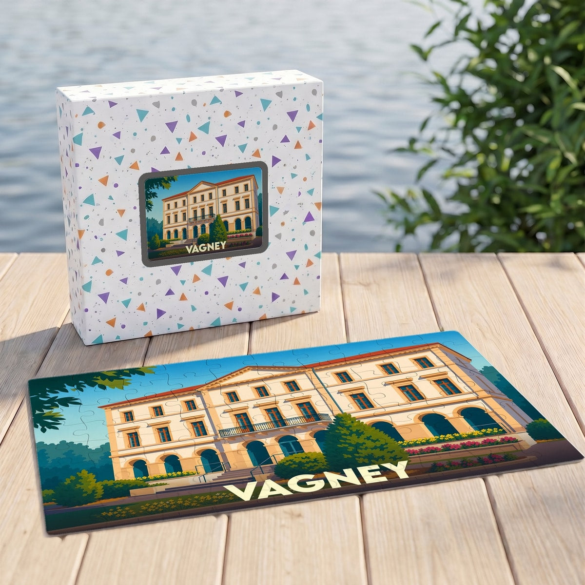 Puzzle souvenir de la ville de Vagney avec une illustration stylisée de l'hôtel de ville.