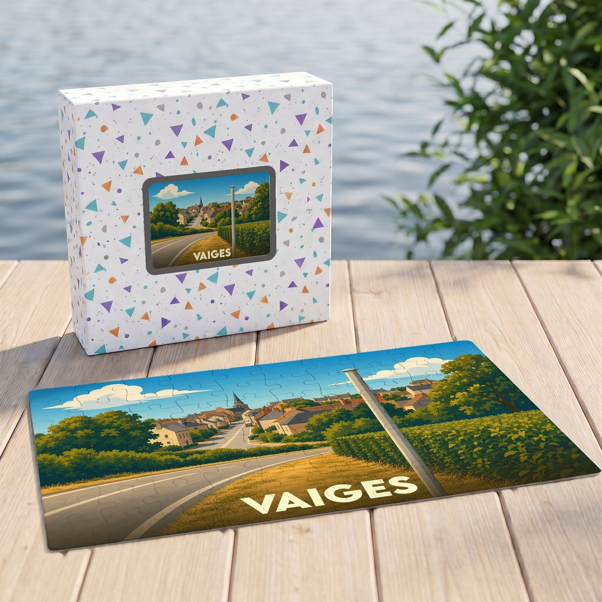 Puzzle souvenir de la ville de Vaiges avec une illustration paysagère stylisée.